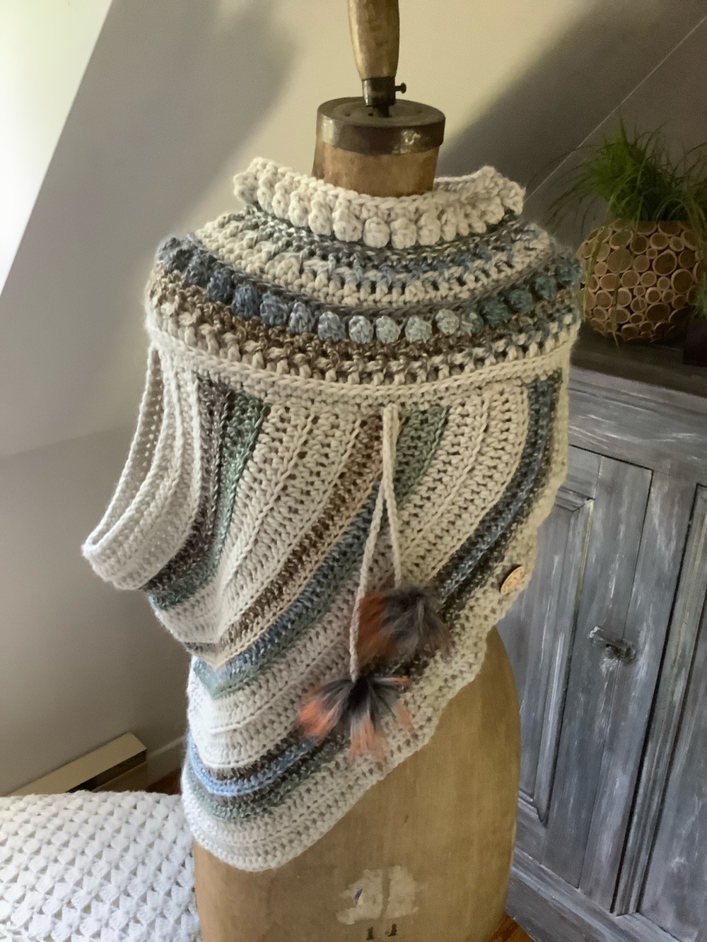 Handcrafted Ivory Crochet Poncho with Blue & Brown Accents